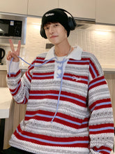 Hearujoy Polo Collar Striped Knit Sweater for Men Spring Autumn Japanese Retro Vintage Loose Fitting Couple Lazy Sweater